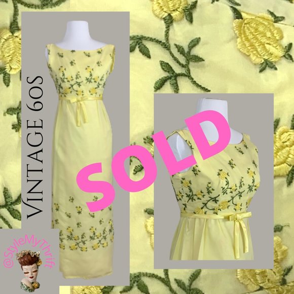 Vintage Dresses & Skirts - Vintage 50s 60s Bridgerton Jane Austen Regency Midcentury Maxi Yellow Dress ~XS